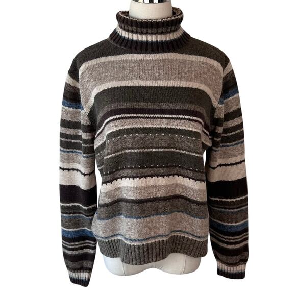 Vintage 90s Y2K Grunge Striped Turtleneck Sweater size Large Green Brown - Picture 1 of 9
